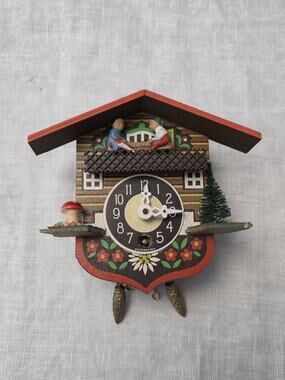 Vintage Mini Cuckoo Clock Germany Tree Mushroom Cabin House (No Key)